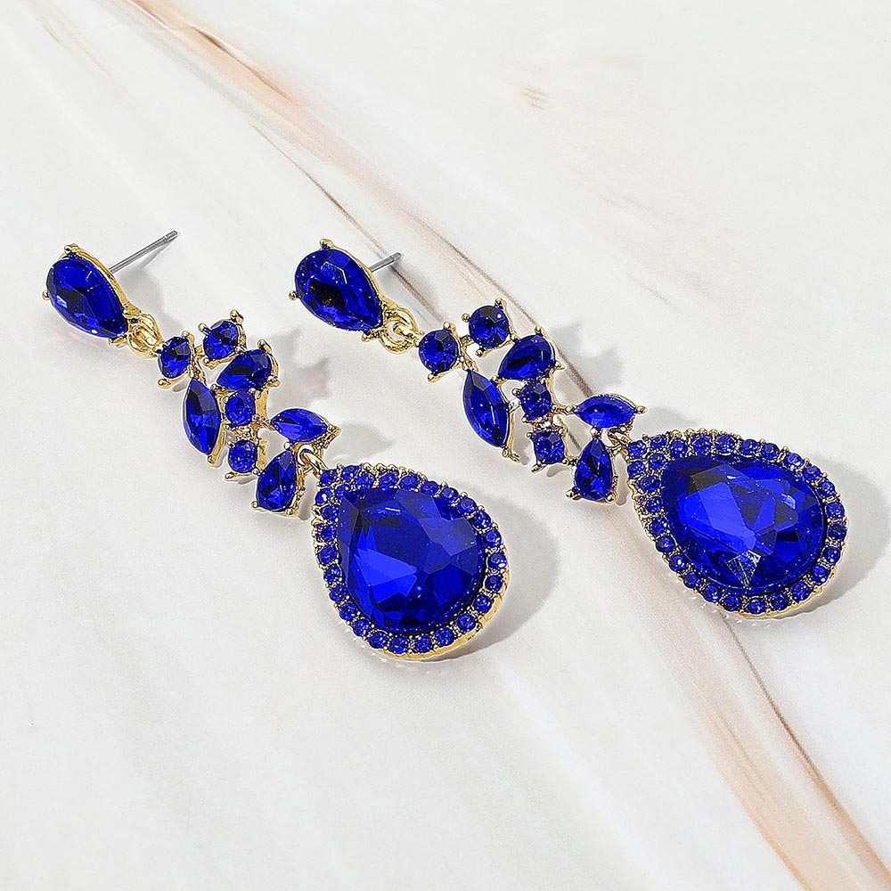 Madeline Love Gold, Sapphire Marquise Stone Cluster Teardrop Tip Drop Evening Earrings