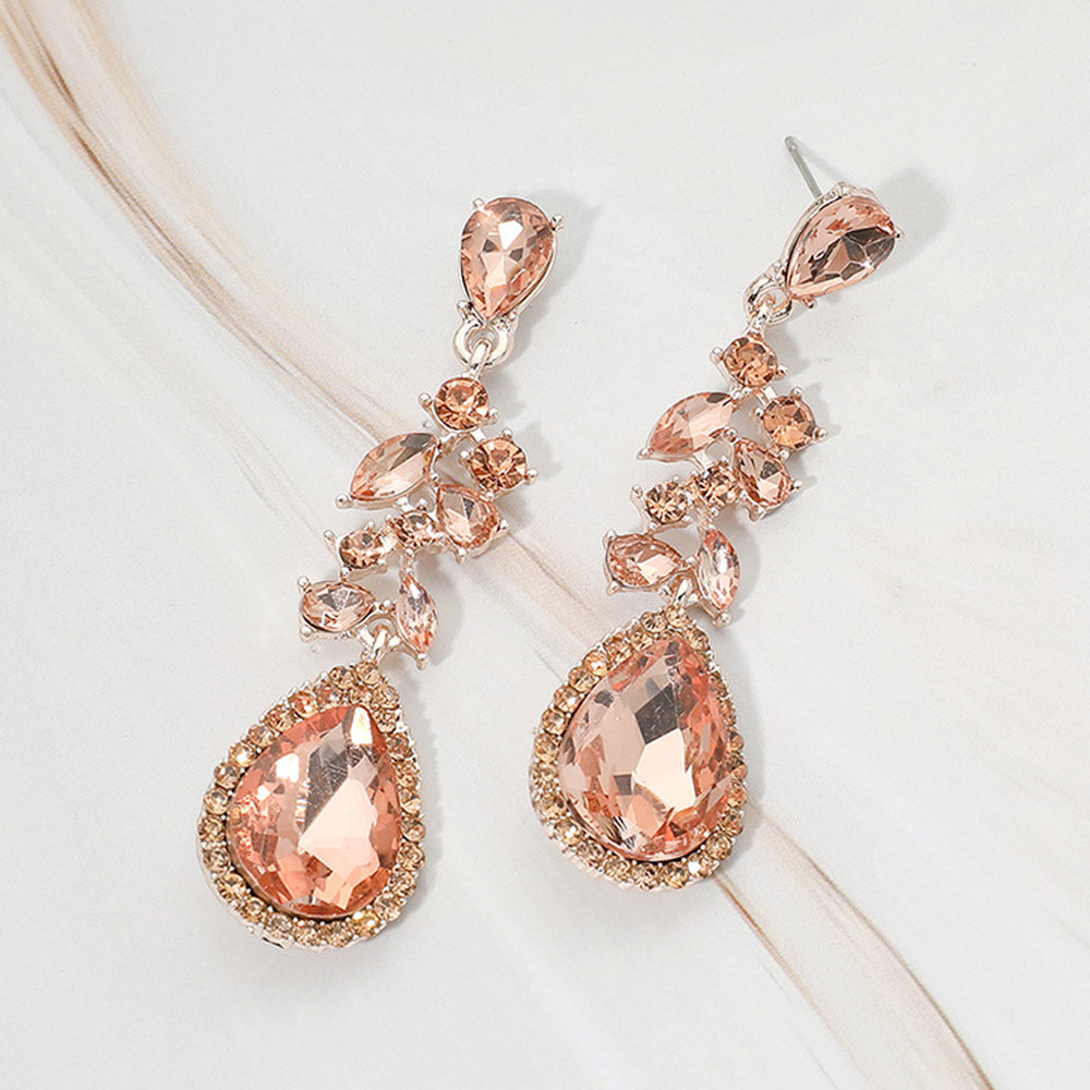 Madeline Love Peach, Rose Gold Marquise Stone Cluster Teardrop Tip Drop Evening Earrings
