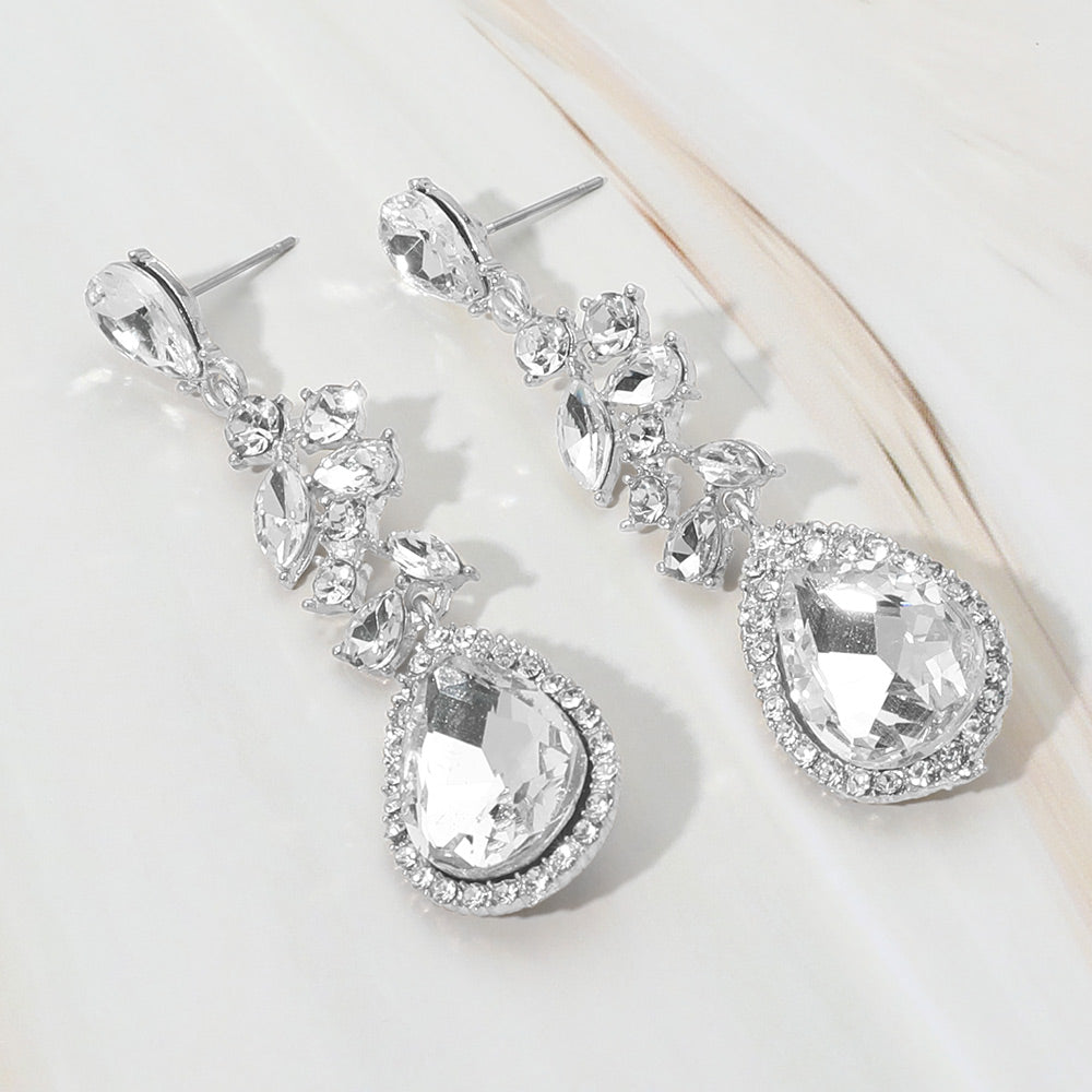 Madeline Love Clear, Silver Marquise Stone Cluster Embellished Teardrop Stone Tip Dangle Drop Evening Earrings