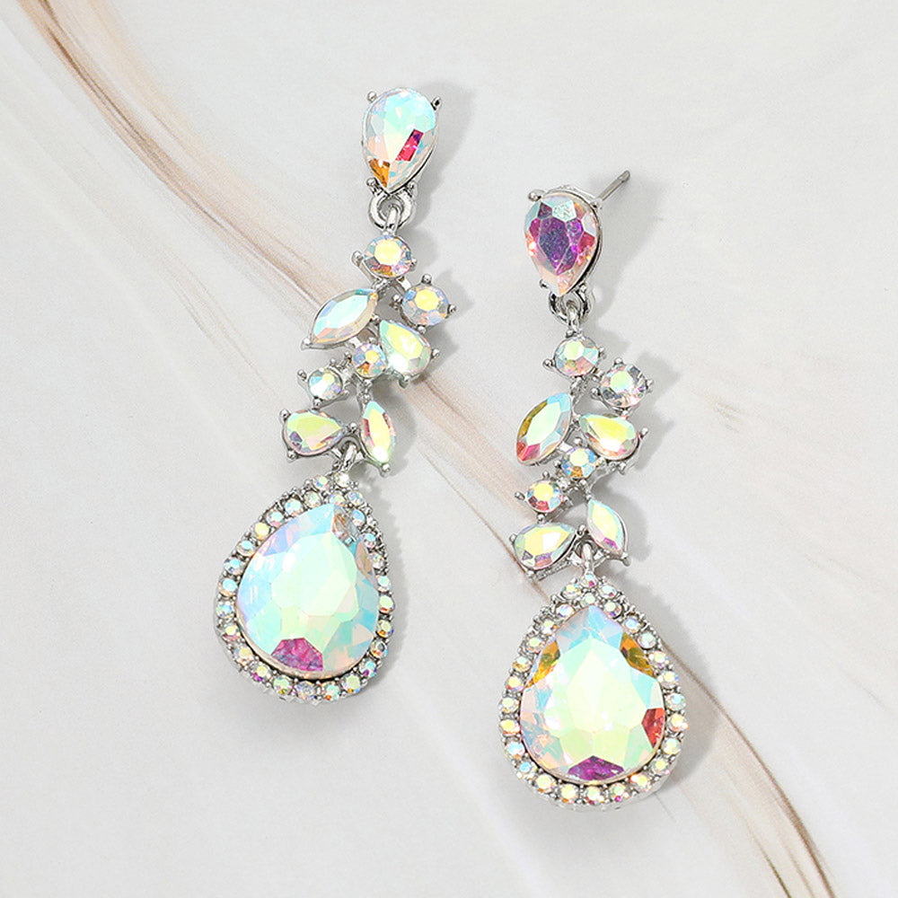 Madeline Love AB, Silver Marquise Stone Cluster Teardrop Tip Drop Evening Earrings