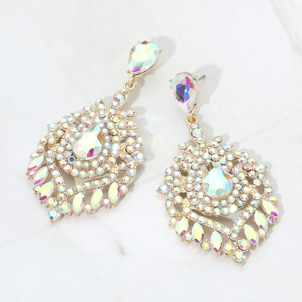 Madeline Love AB, Gold Teardrop Marquise Cluster Embellished Chandelier Drop Evening Earrings