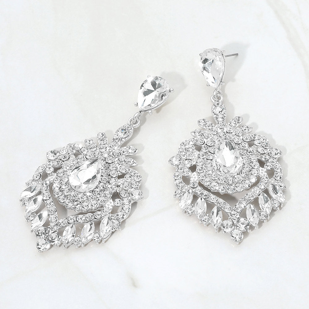 Madeline Love Clear, Silver Teardrop Marquise Cluster Embellished Chandelier Drop Evening Earrings