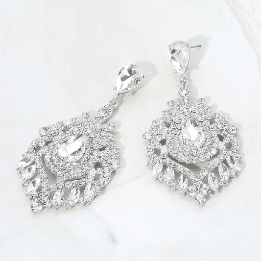 Madeline Love Clear, Silver Teardrop Marquise Cluster Embellished Chandelier Drop Evening Earrings