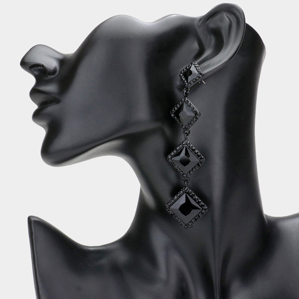 Madeline Love Black, Jet Black Diamond Stone Cluster Dropdown Evening Earrings