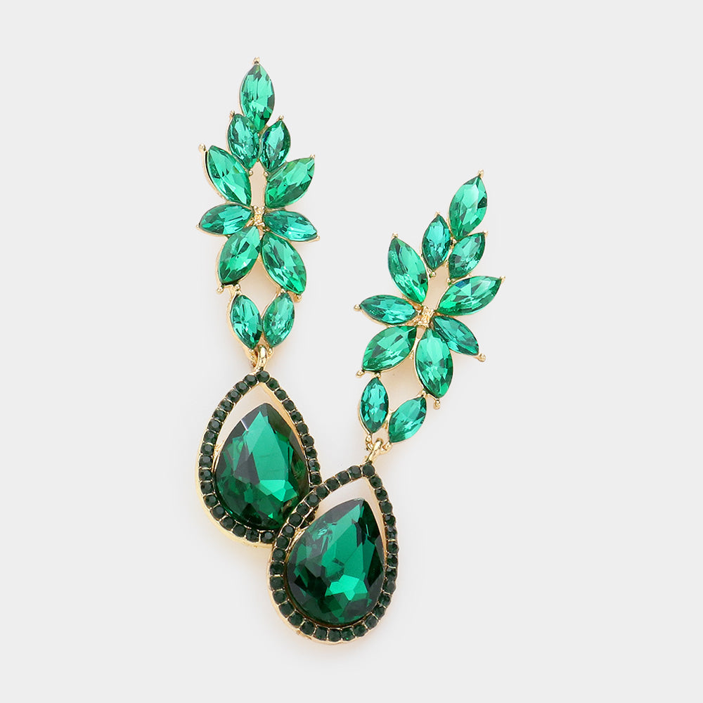 Madeline Love Emerald, Gold Marquise Teardrop Stone Cluster Evening Earrings