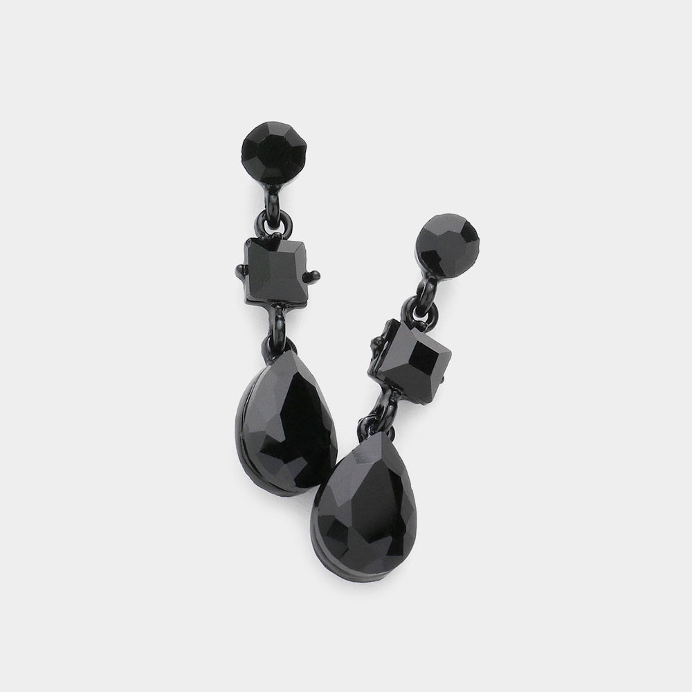 Madeline Love Black, Jet Black Square Round Teardrop Stone Dangle Evening Earrings