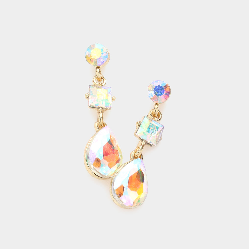Madeline Love AB, Gold Square Round Teardrop Stone Dangle Evening Earrings