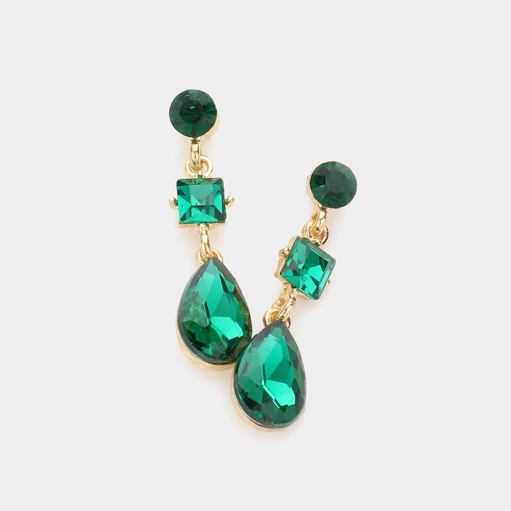 Madeline Love Emerald, Gold Square Round Teardrop Stone Dangle Evening Earrings