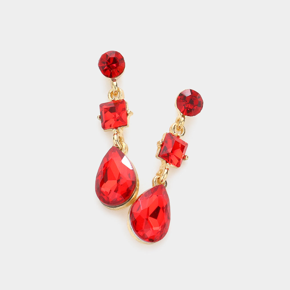 Madeline Love Gold, Siam Square Round Teardrop Stone Dangle Evening Earrings