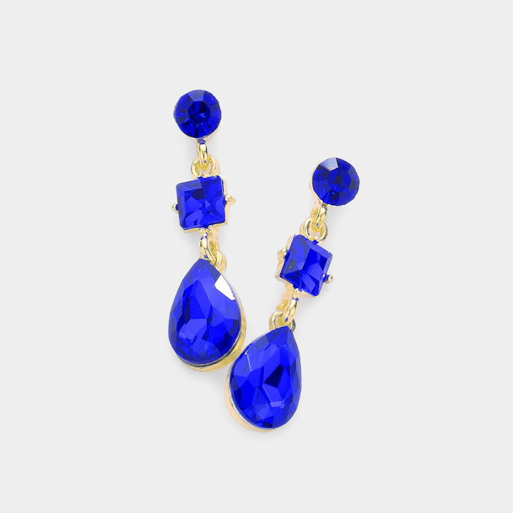 Madeline Love Gold, Sapphire Square Round Teardrop Stone Dangle Evening Earrings
