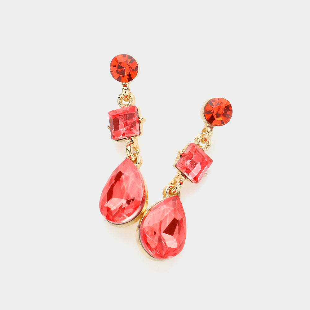 Madeline Love Gold, Orange Square Round Teardrop Stone Dangle Evening Earrings