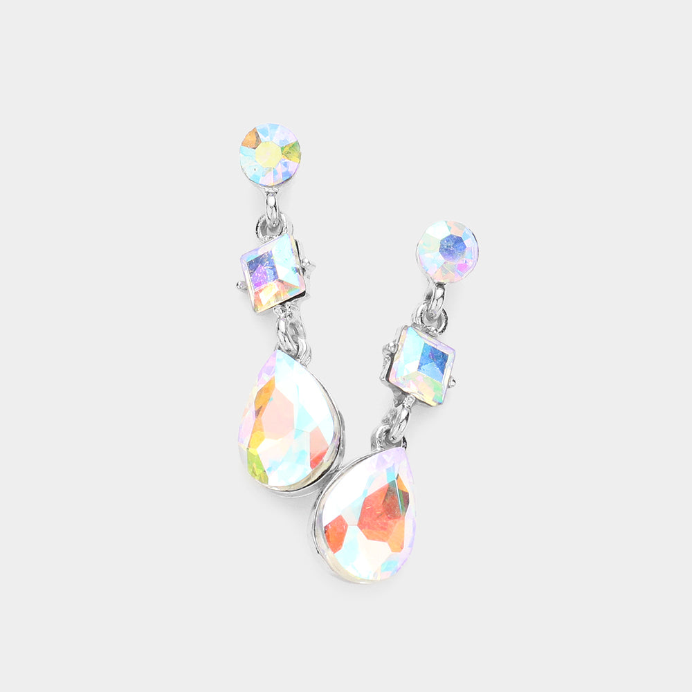 Madeline Love AB, Silver Square Round Teardrop Stone Dangle Evening Earrings