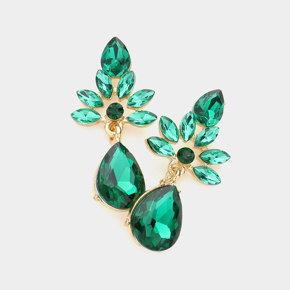 Madeline Love Emerald, Gold Marquise Cluster Teardrop Stone Dangle Evening Earrings