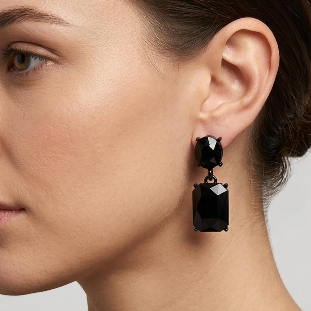 Madeline Love Black, Jet Black Square Stone Cluster Dangle Evening Earrings