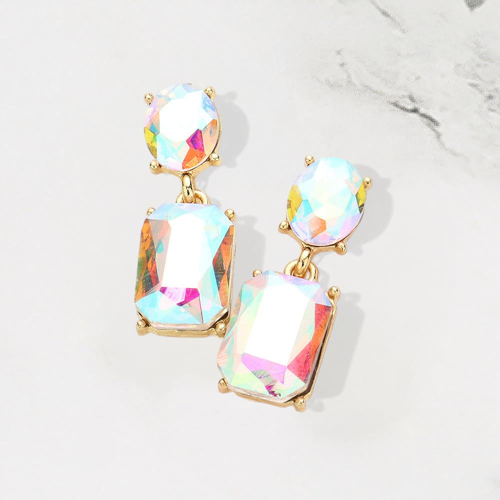Madeline Love AB, Gold Square Stone Cluster Dangle Evening Earrings