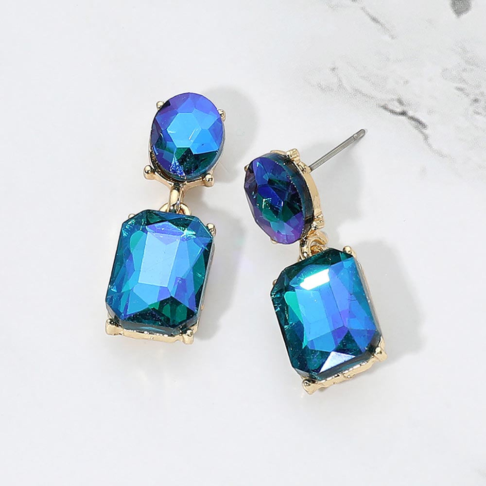 Madeline Love AB, Blue, Gold Square Stone Cluster Dangle Evening Earrings