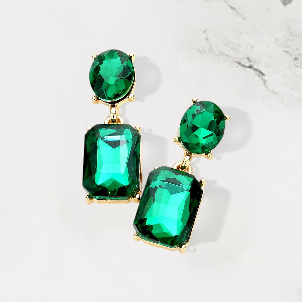 Madeline Love Emerald, Gold Square Stone Cluster Dangle Evening Earrings