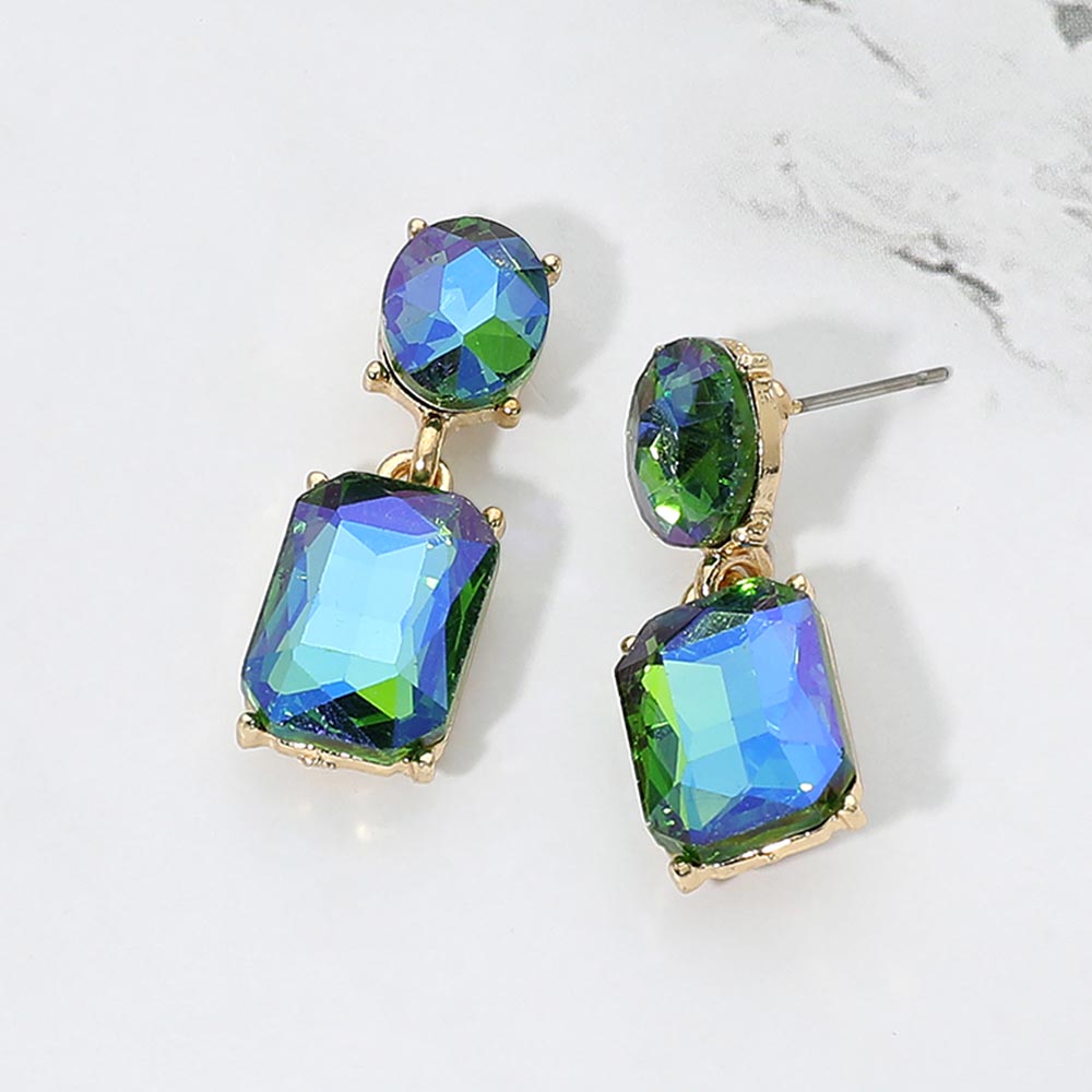 Madeline Love AB, Gold, Green Square Stone Cluster Dangle Evening Earrings