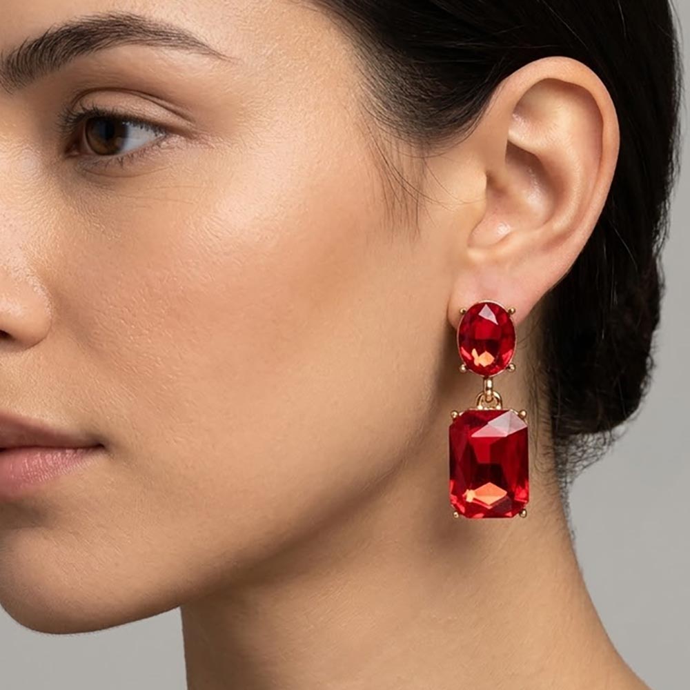 Madeline Love Gold, Siam Square Stone Cluster Dangle Evening Earrings