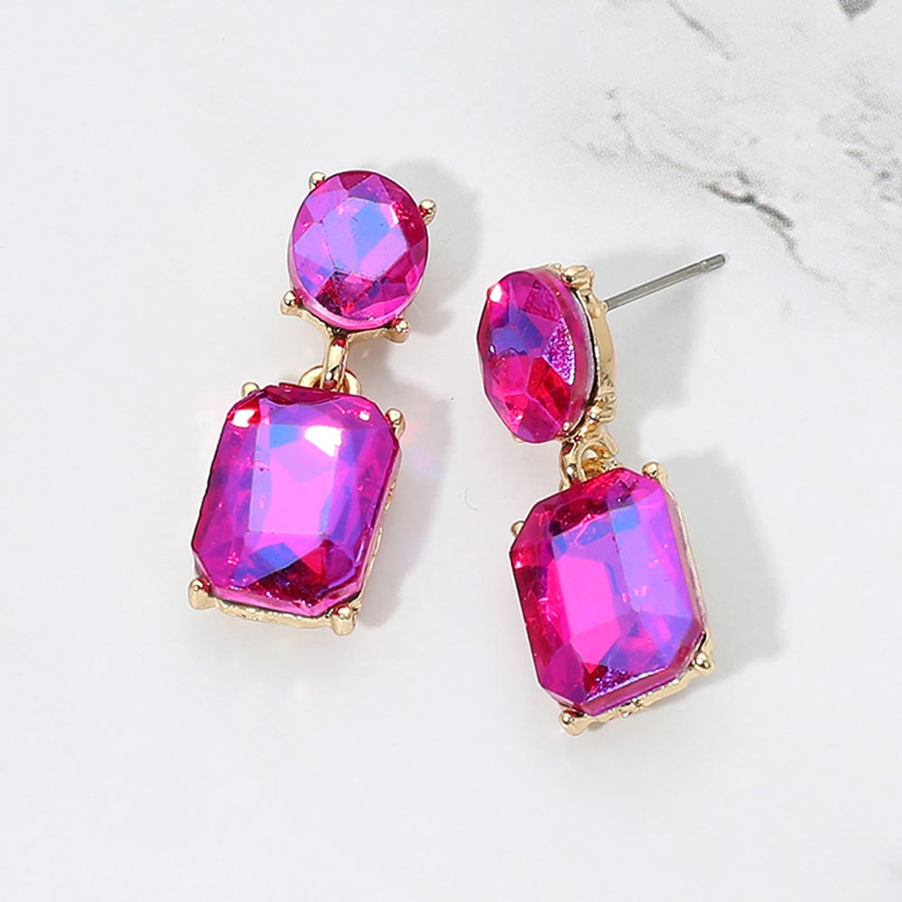 Madeline Love AB, Gold, Purple Square Stone Cluster Dangle Evening Earrings
