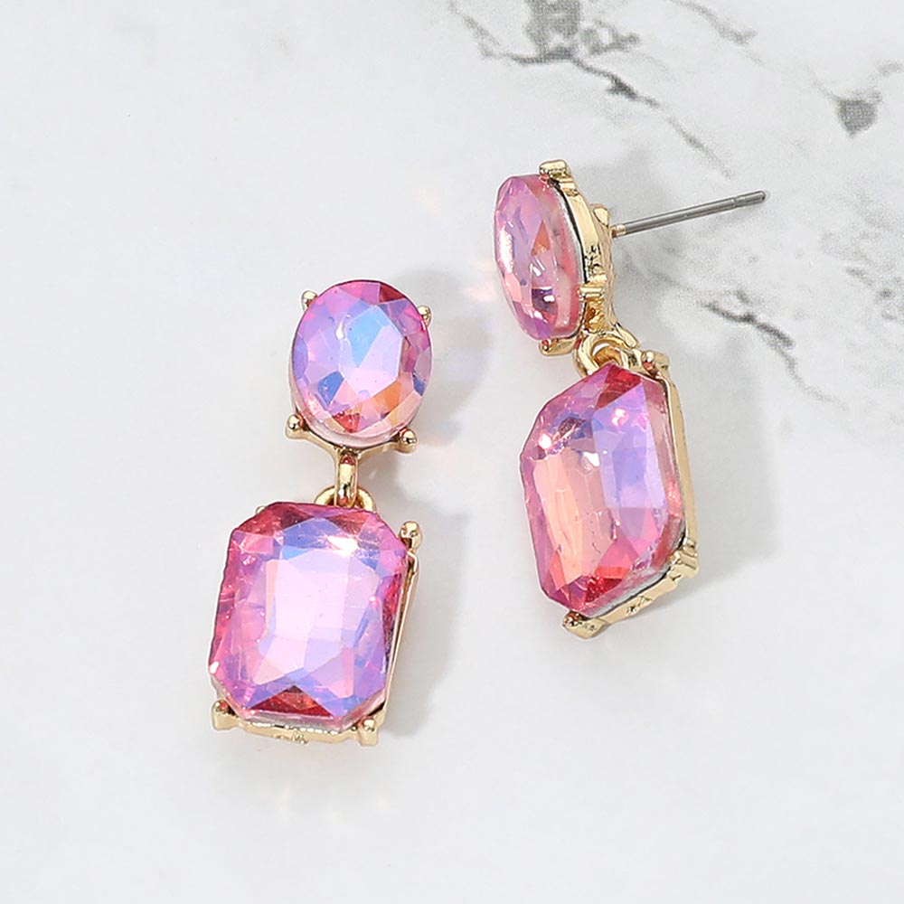 Madeline Love AB, Gold, Rose Square Stone Cluster Dangle Evening Earrings