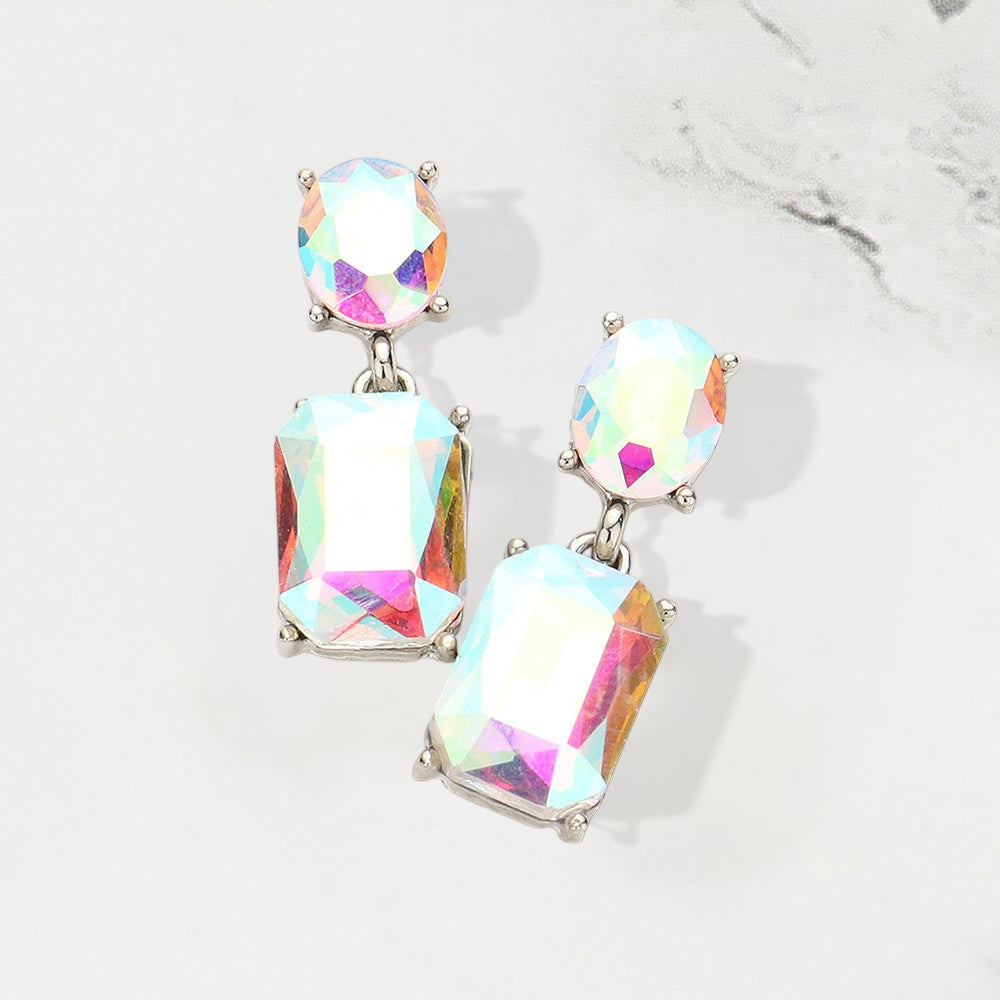 Madeline Love AB, Silver Square Stone Cluster Dangle Evening Earrings