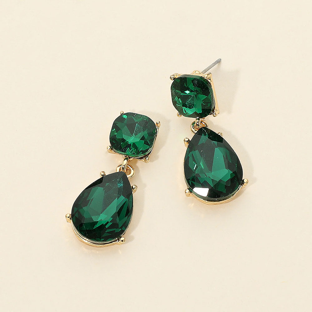 Madeline Love Emerald, Gold Teardrop Stone Cluster Drop Dangle Evening Earrings