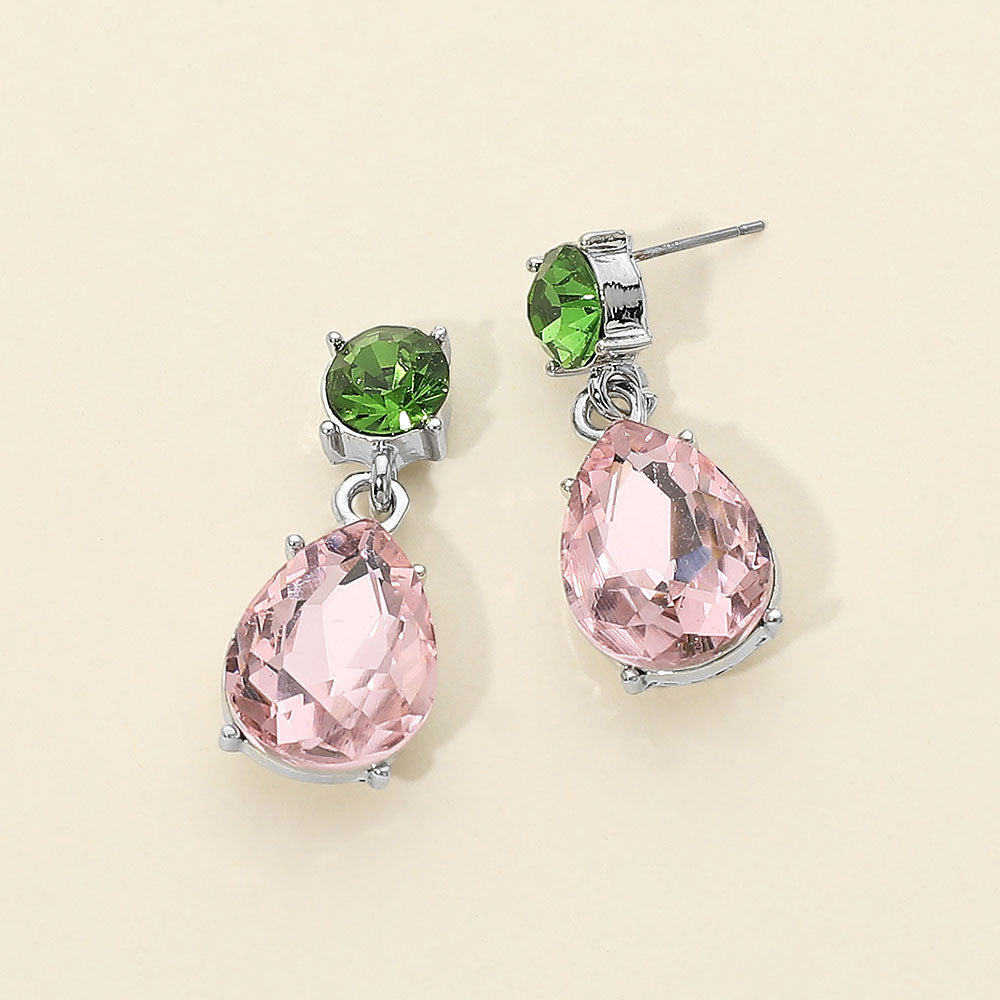 Madeline Love Pink&Green, Silver Teardrop Stone Cluster Drop Dangle Evening Earrings