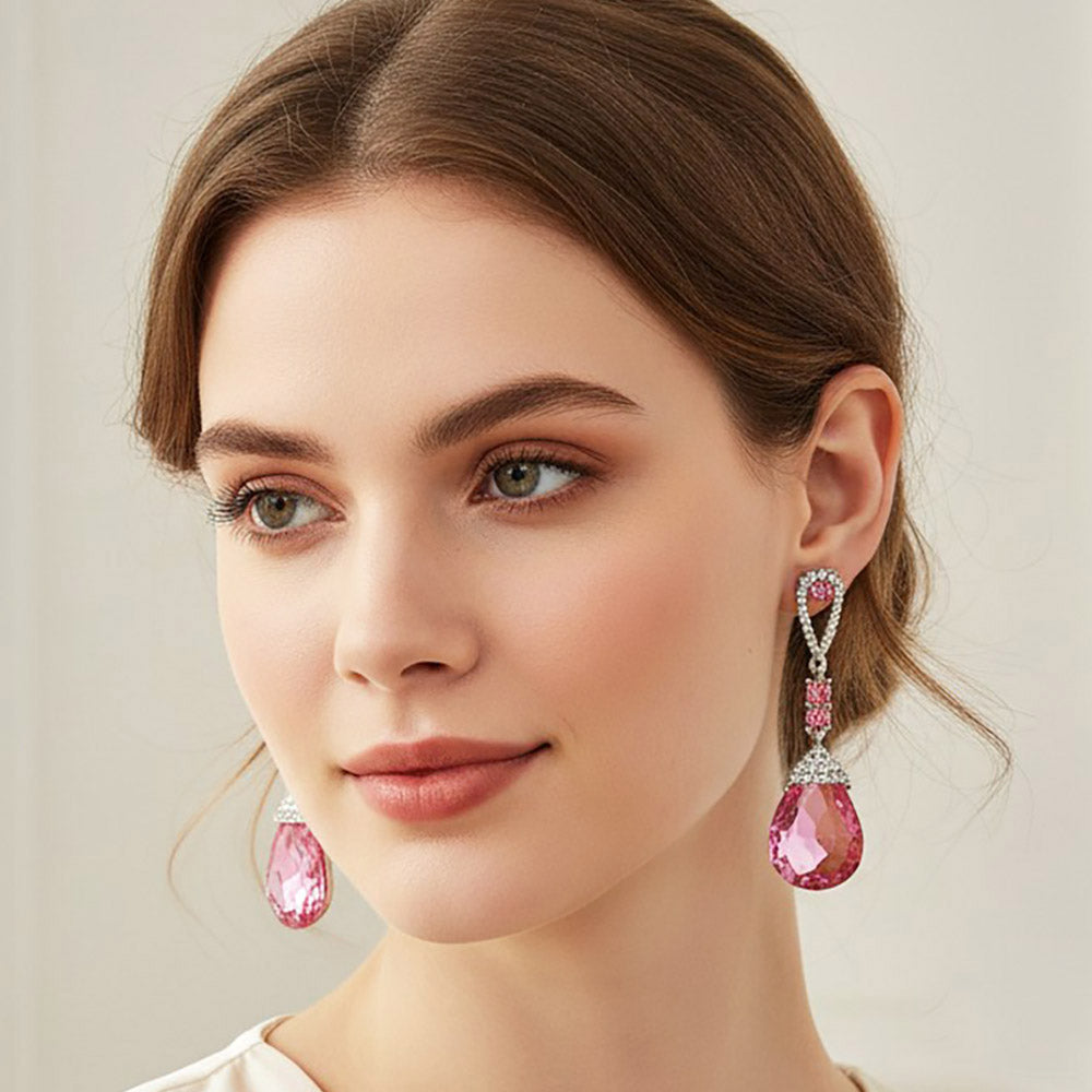 Madeline Love Pink, Rhodium Teardrop Accent Evening Earrings