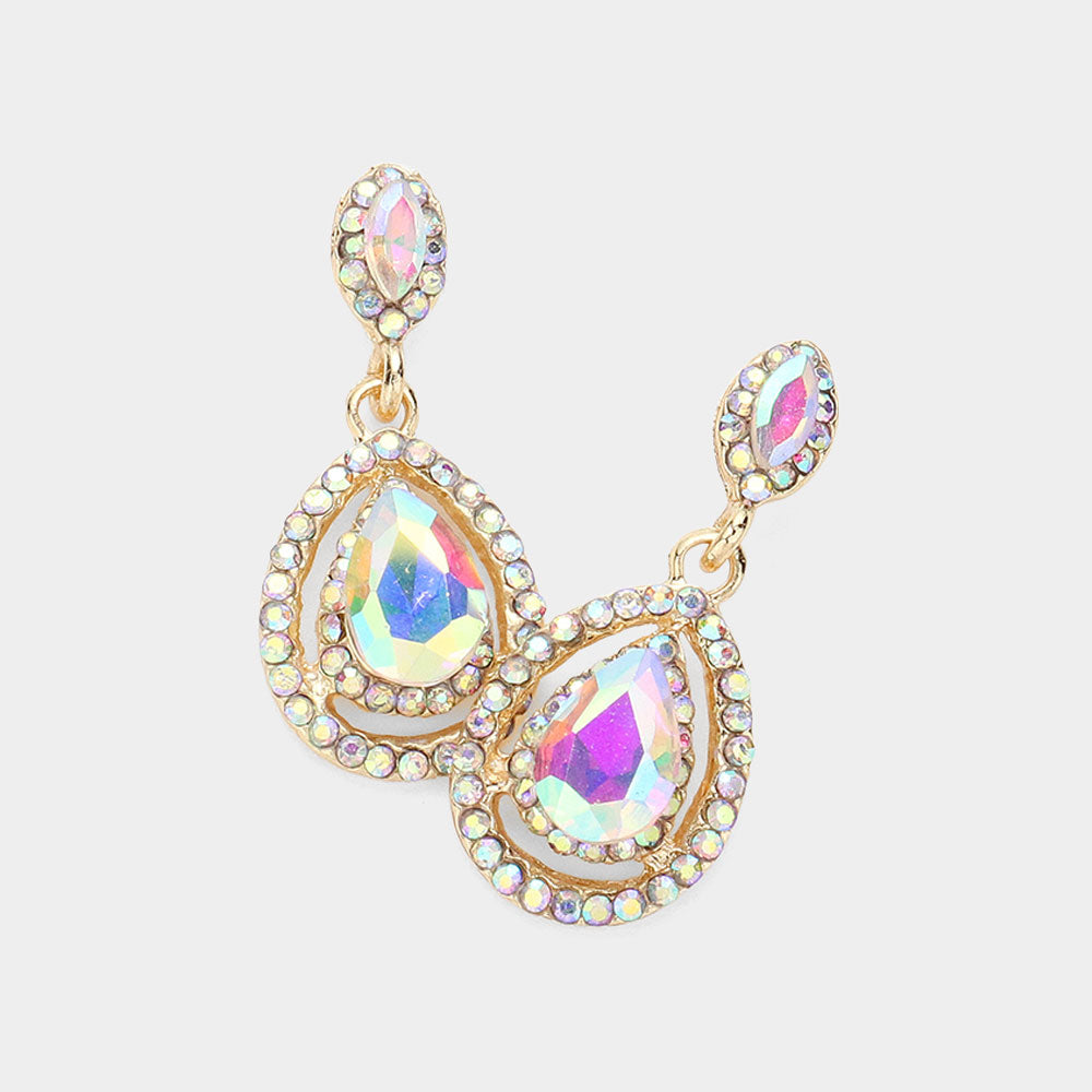 Madeline Love AB, Gold Crystal Rhinestone Pave Trim Teardrop Evening Earrings