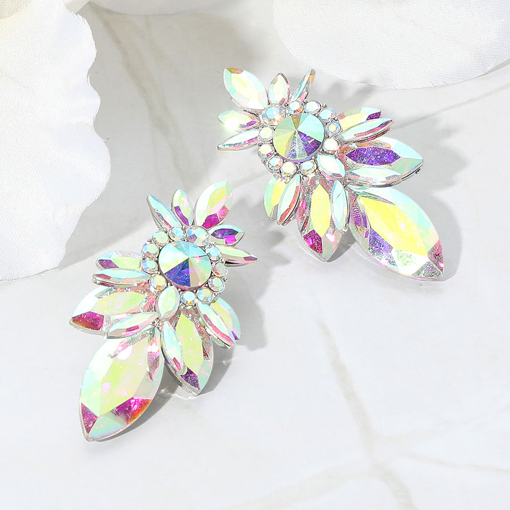 Madeline Love AB, Silver Marquise Stone Cluster Embellished Evening Earrings