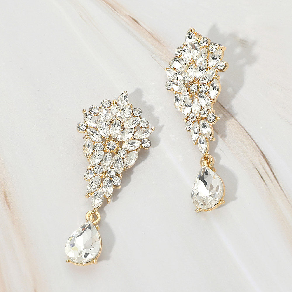 Madeline Love Clear, Gold Floral Marquise Cluster Teardrop Accent Evening Earrings