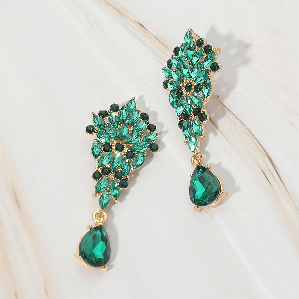 Madeline Love Emerald, Gold Floral Marquise Cluster Teardrop Accent Evening Earrings