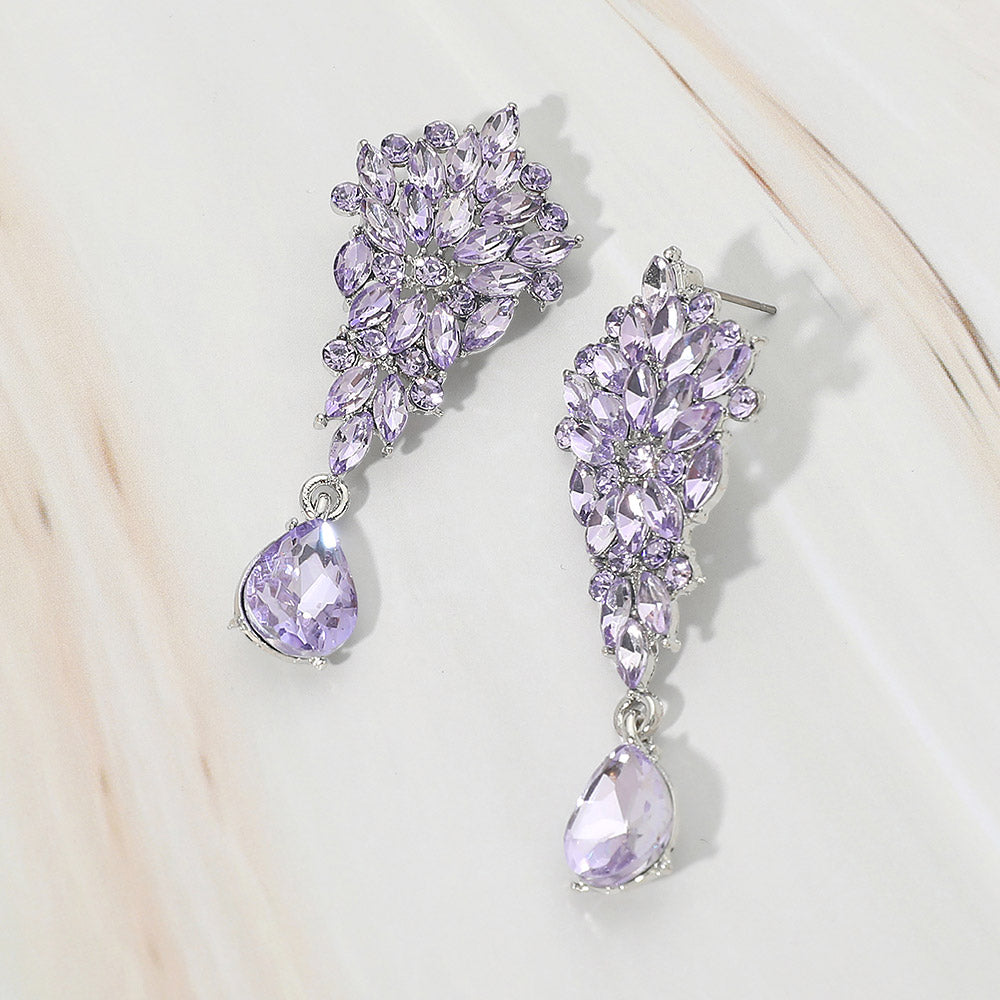 Madeline Love Silver, Violet Floral Marquise Cluster Teardrop Accent Evening Earrings