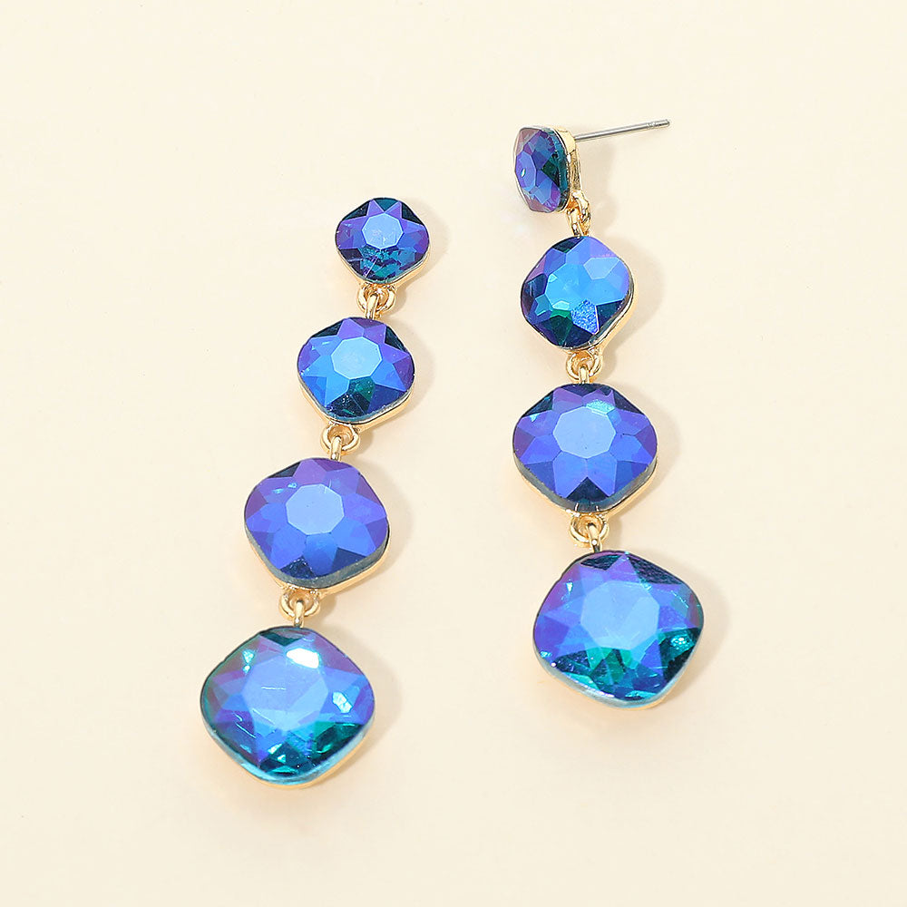 Madeline Love AB, Blue, Gold Round Stone Cluster Link Dropdown Evening Earrings