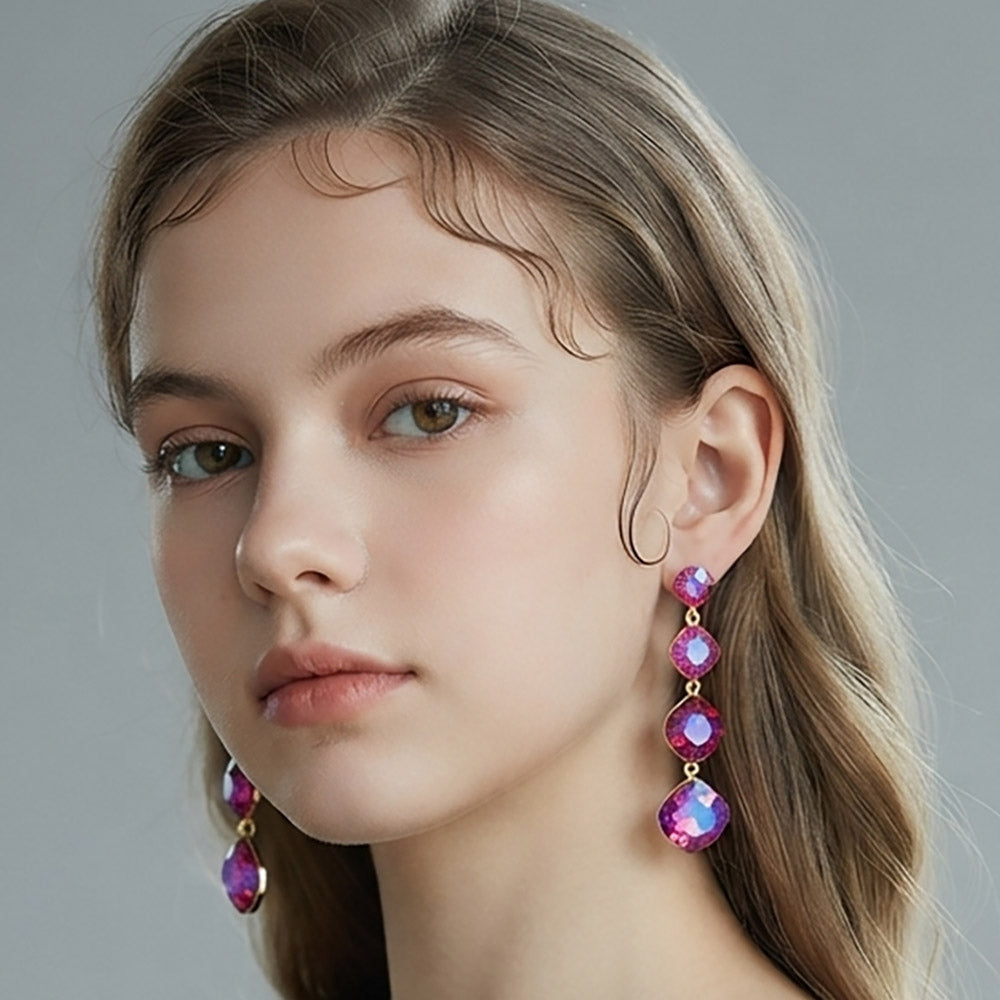 Madeline Love AB, Gold, Purple Round Stone Cluster Link Dropdown Evening Earrings