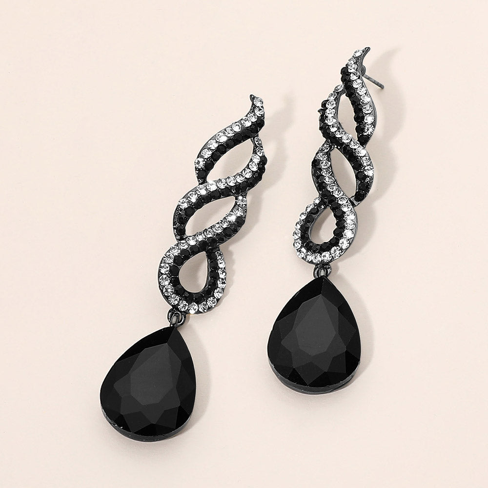 Madeline Love Black, Jet Black Teardrop Rhinestone Pave Drop Evening Earrings