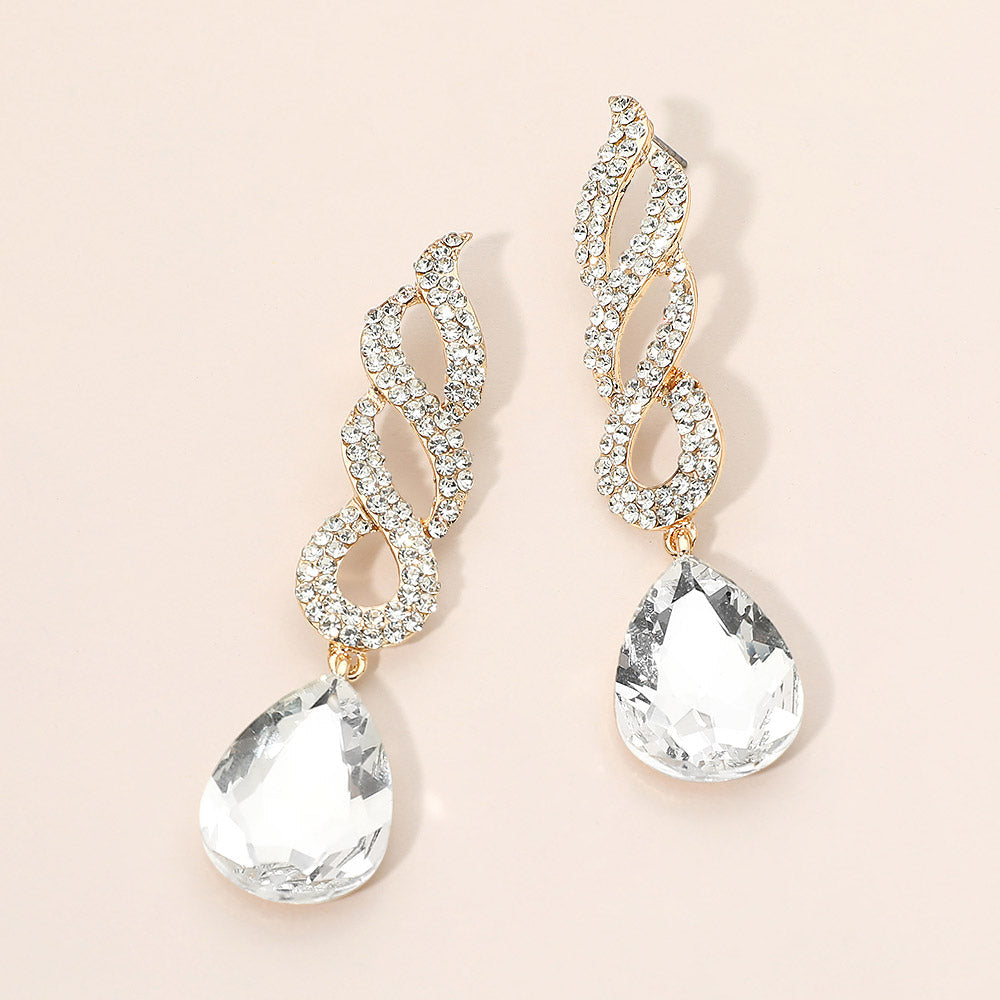 Madeline Love Clear, Gold Teardrop Rhinestone Pave Drop Evening Earrings