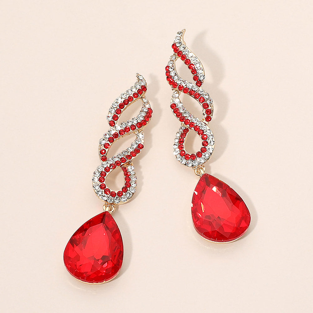 Madeline Love Gold, Red Teardrop Rhinestone Pave Drop Evening Earrings