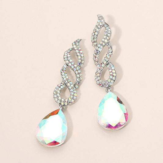 Madeline Love AB, Rhodium Teardrop Rhinestone Pave Drop Evening Earrings