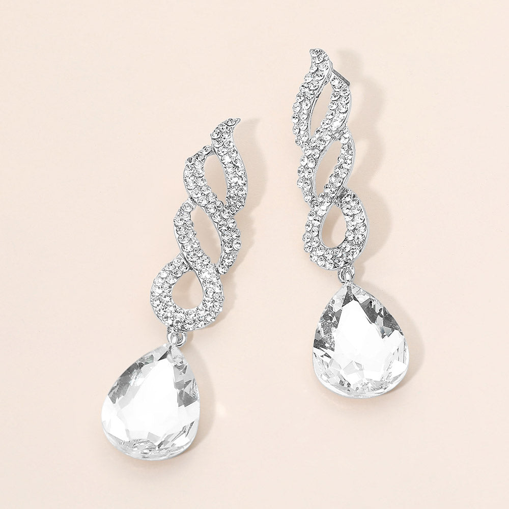 Madeline Love Clear, Rhodium Teardrop Rhinestone Pave Drop Evening Earrings