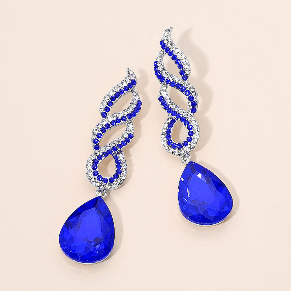 Madeline Love Rhodium, Royal Blue Teardrop Rhinestone Pave Drop Evening Earrings