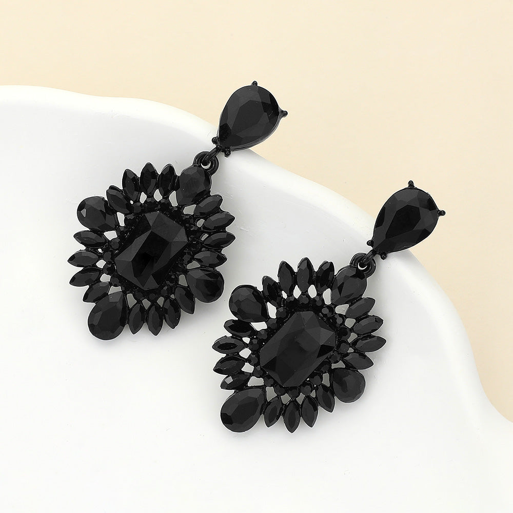 Madeline Love Black, Jet Black Rectangle Marquise Teardrop Stone Cluster Dangle Evening Earrings