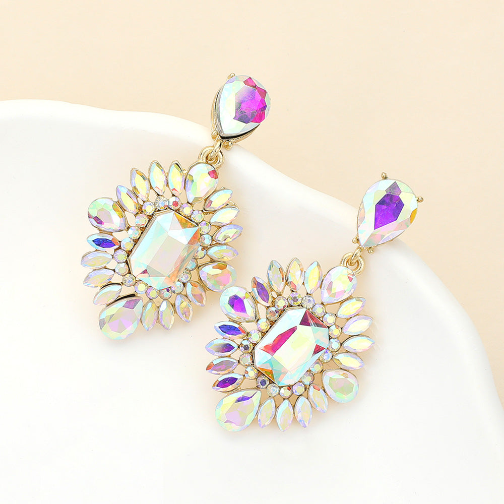 Madeline Love AB, Gold Rectangle Marquise Teardrop Stone Cluster Dangle Evening Earrings