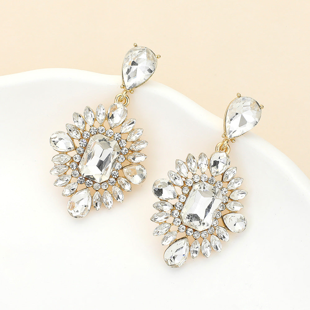Madeline Love Clear, Gold Rectangle Marquise Teardrop Stone Cluster Dangle Evening Earrings
