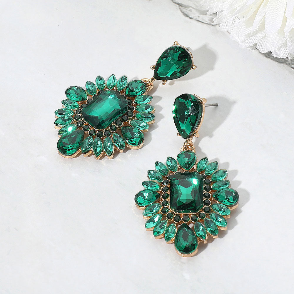 Madeline Love Emerald, Gold Rectangle Marquise Teardrop Stone Cluster Dangle Evening Earrings