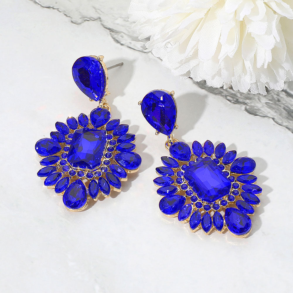 Madeline Love Gold, Sapphire Rectangle Marquise Teardrop Stone Cluster Dangle Evening Earrings