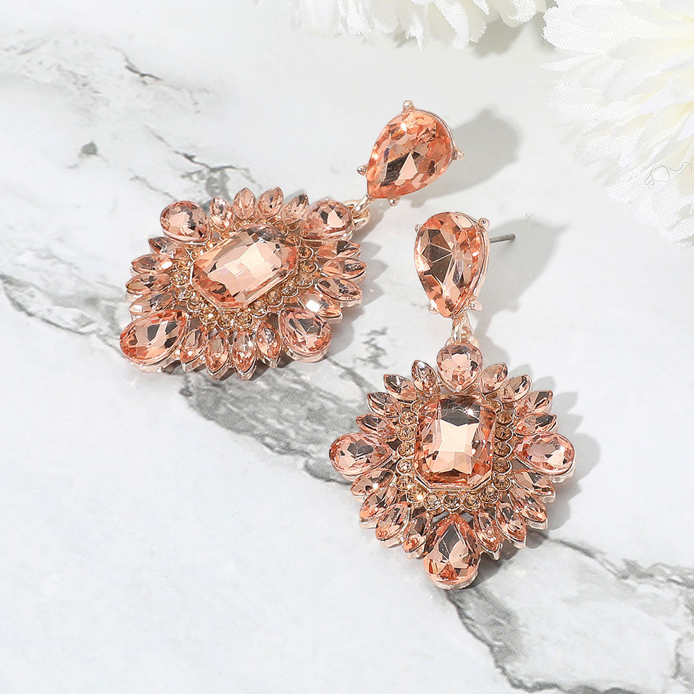 Madeline Love Peach, Rose Gold Rectangle Marquise Teardrop Stone Cluster Dangle Evening Earrings