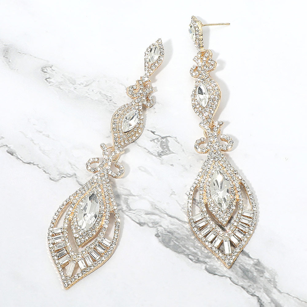 Madeline Love Clear, Gold Victorian Triple Marquise Glass Crystal Evening Earrings