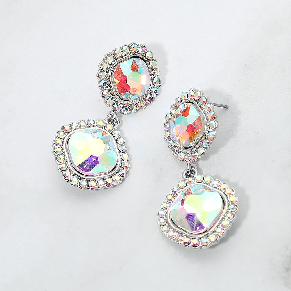 Madeline Love AB, Silver Double Square Crystal Drop Evening Earrings